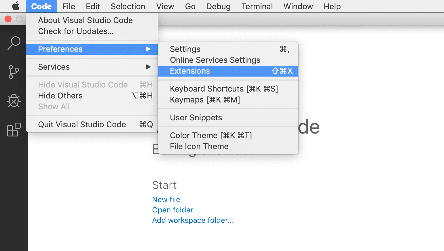 Extensions menu